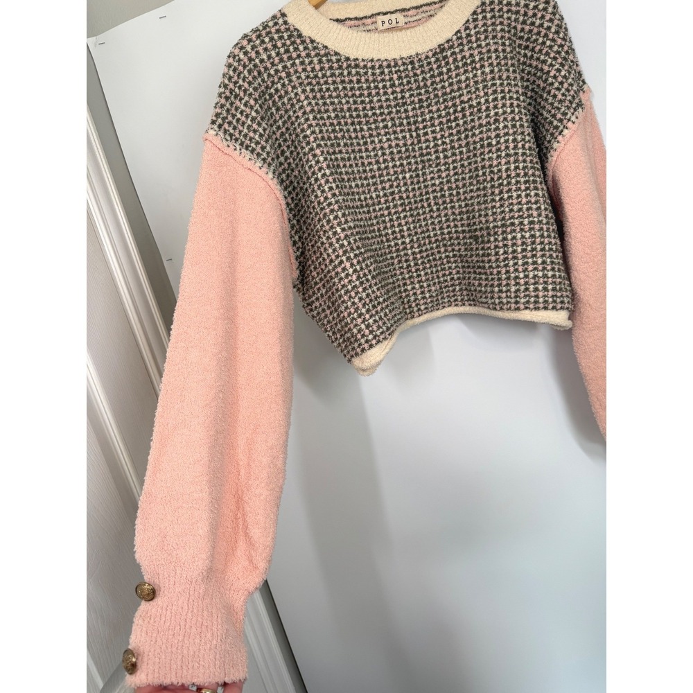 POL Cropped Sweater Pink Soft Fuzzy Button Detail Sleeve Women's L Boho Cozy - Picture 3 of 10